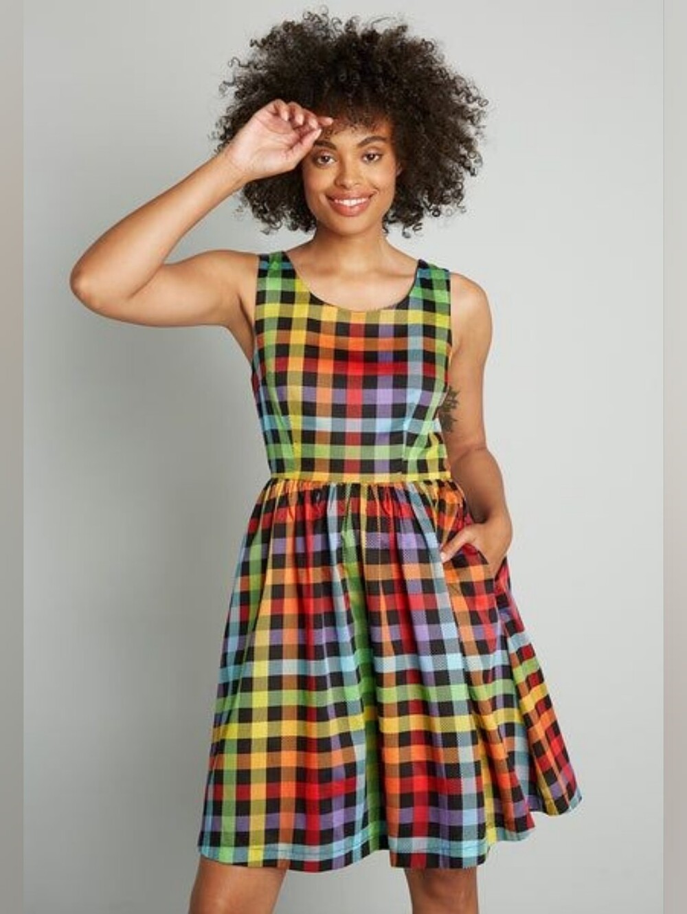 ModCloth Optimistic Effect Rainbow Gingham Dress Size L - Picture 2 of 12